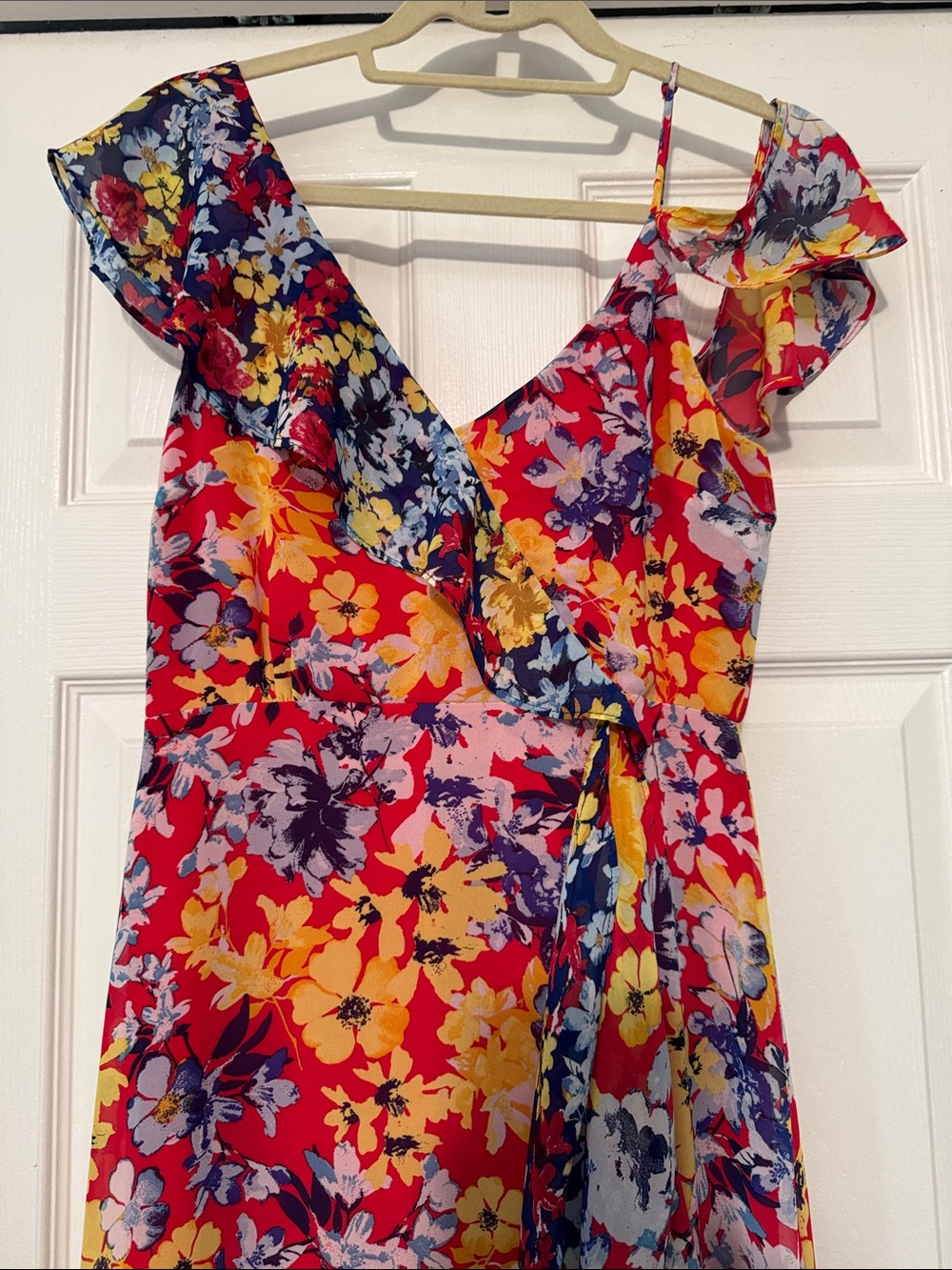 Lulu's Red Floral Ruffle Wrap Dress with Yellow & Blue Blooms